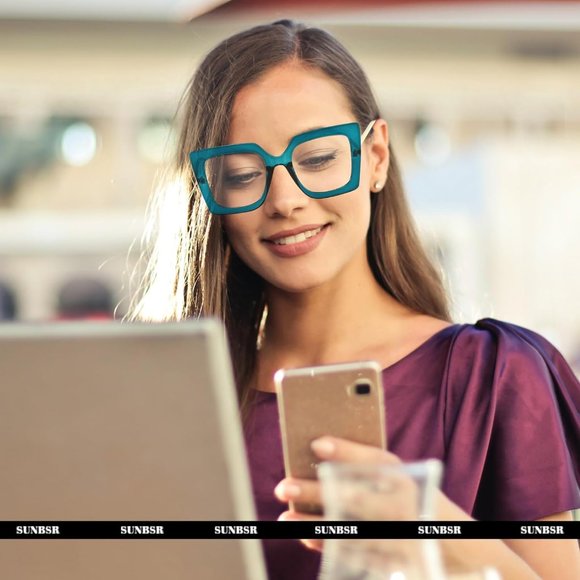 Women Blue Square Big Frame Blue Light Blocking Glasses - Picture 2 of 6